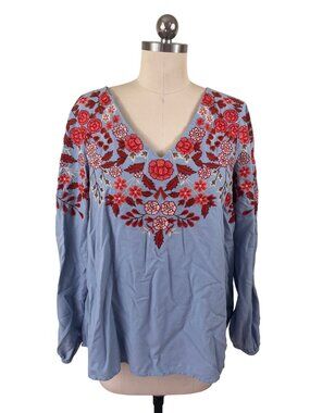 Sundance Smock Blouse Womens Medium Blue Embroidered Floral Cottage Artsy Boho